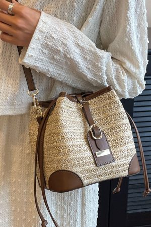 Summer Retro Color-Blocking Straw Bucket Bag for Women - Versatile Crossbody Bag for Beach Vacation and Casual Outings