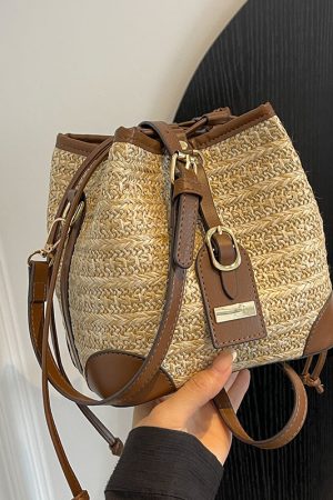 Summer Retro Color-Blocking Straw Bucket Bag for Women - Versatile Crossbody Bag for Beach Vacation and Casual Outings