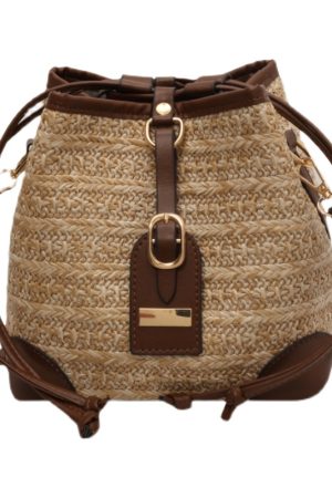 Summer Retro Color-Blocking Straw Bucket Bag for Women - Versatile Crossbody Bag for Beach Vacation and Casual Outings