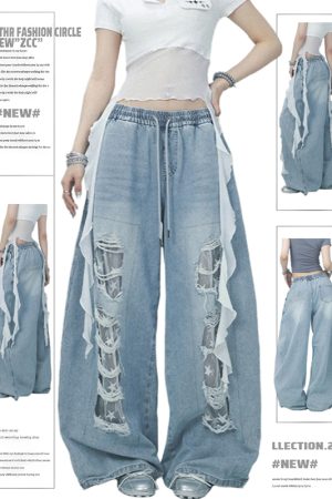 Summer Ripped Denim Pants for Women, Lace Patchwork Design, Trendy Casual Jazz Dance Style, Streetwear Fashion