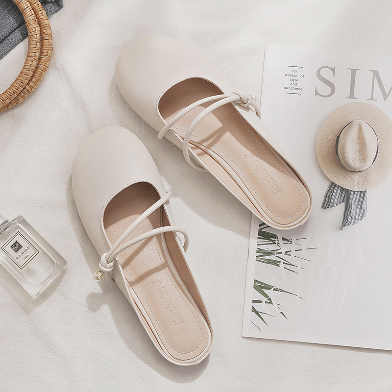 Summer Sheepskin Backless Flat Evening Shoes for Women - Fairy Style Closed-Toe Half Slippers, Perfect for Outdoor Wear Summer Sheepskin Backless Flat Evening Shoes for Women - Fairy Style Closed-Toe Half Slippers, Perfect for Outdoor Wear