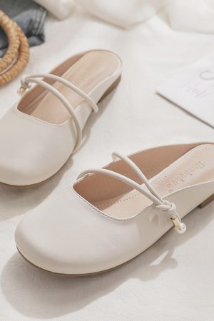 Summer Sheepskin Backless Flat Evening Shoes for Women - Fairy Style Closed-Toe Half Slippers, Perfect for Outdoor Wear