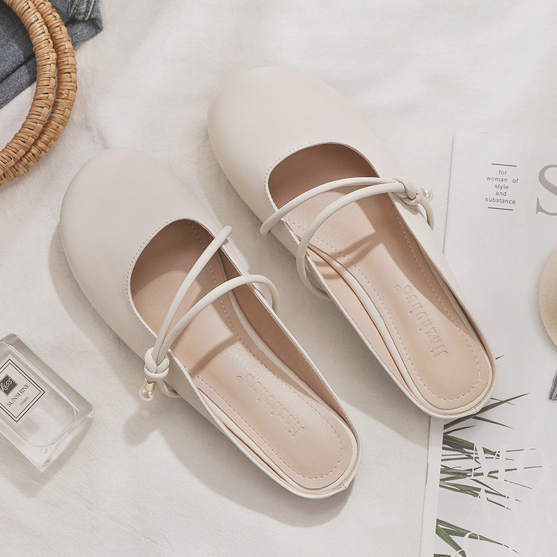 Summer Sheepskin Backless Flat Evening Shoes for Women - Fairy Style Closed-Toe Half Slippers, Perfect for Outdoor Wear Summer Sheepskin Backless Flat Evening Shoes for Women - Fairy Style Closed-Toe Half Slippers, Perfect for Outdoor Wear