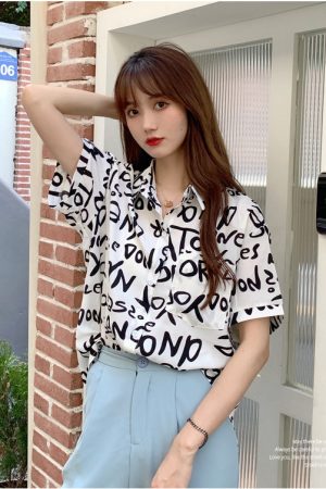 Summer Short Sleeve Shirt for Women, Casual Letter Print Beach Top, Hong Kong Style INS Design, Trendy Summer Fashion