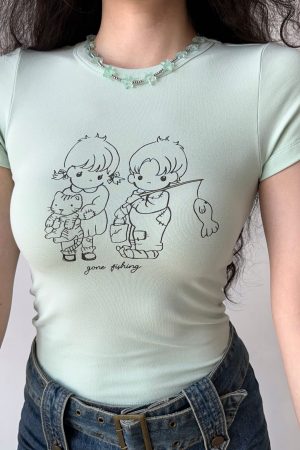 Summer Slim Fit Shoulder T-shirt for Women - Simple Line Drawing Print, European American Style, Round Neck Short Sleeve Top