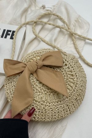 Summer Straw Woven Bag for Women - 2025 Bow Tie Design Small Round Crossbody Bag for Beach Vacation and Everyday Versatile Use