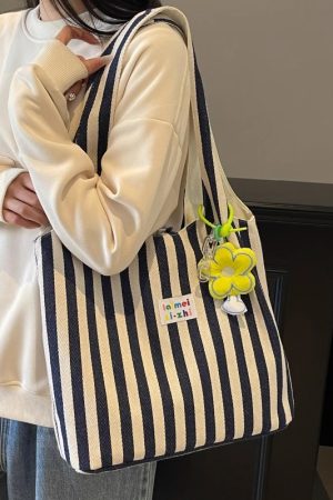 Summer Striped Canvas Tote Bag for Women - Large Capacity Double-Sided Shoulder Commuter Bag - Versatile Fashion Accessory