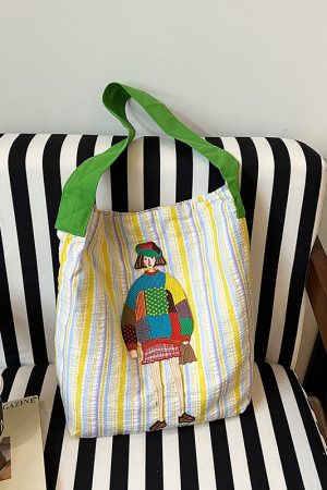 Summer Striped Embroidered Canvas Bucket Bag - Versatile Women's Large Capacity Shoulder Tote for Commuting