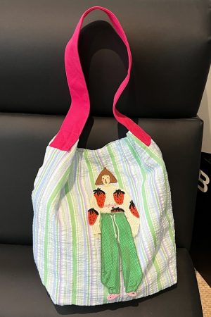 Summer Striped Embroidered Canvas Bucket Bag - Versatile Women's Large Capacity Shoulder Tote for Commuting