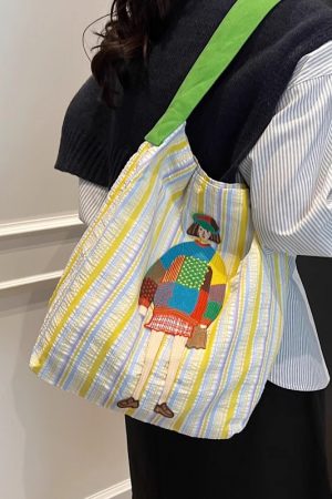 Summer Striped Embroidered Canvas Bucket Bag - Versatile Women's Large Capacity Shoulder Tote for Commuting