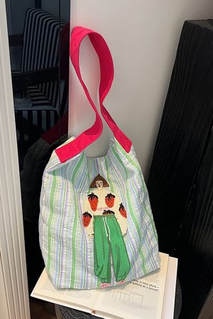 Summer Striped Embroidered Canvas Bucket Bag - Versatile Women's Large Capacity Shoulder Tote for Commuting