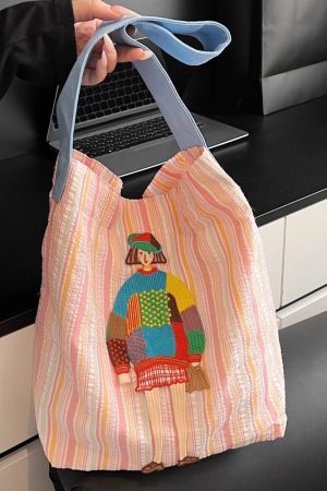 Summer Striped Embroidered Canvas Bucket Bag - Versatile Women's Large Capacity Shoulder Tote for Commuting