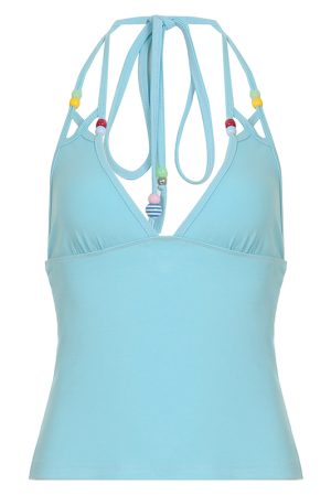 Summer Sunny Blue Low-Cut Backless Tank Top for Women with Colorful Beads - Trendy Dopamine Style for Summer Vibes