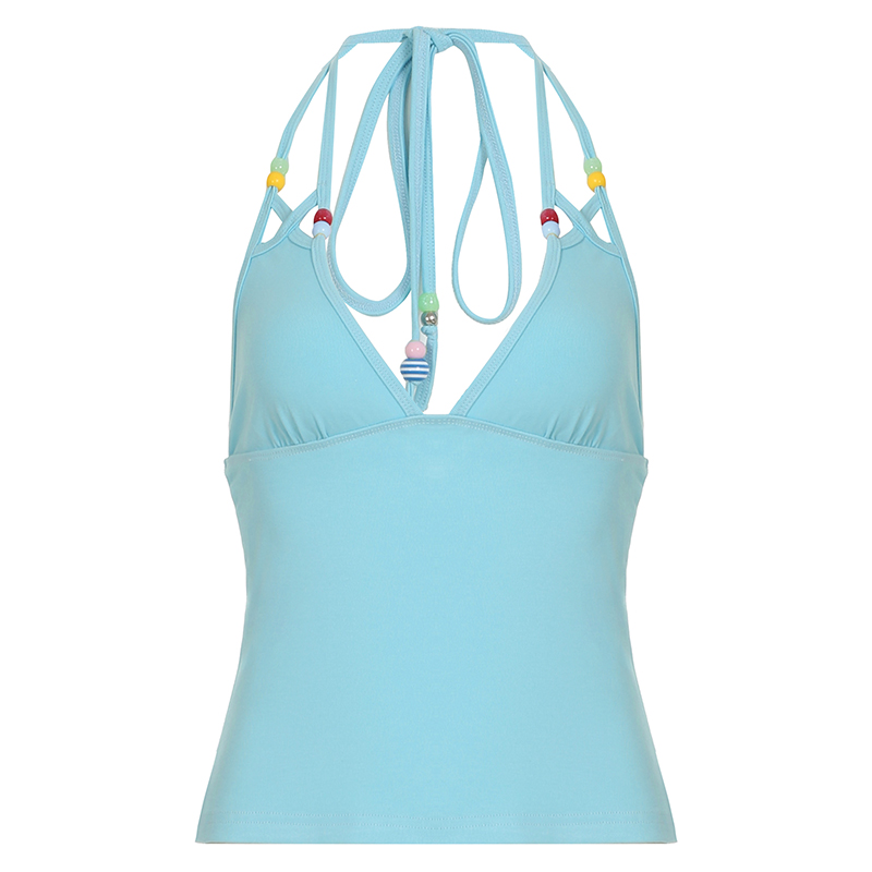 Summer Sunny Blue Low-Cut Backless Tank Top for Women with Colorful Beads - Trendy Dopamine Style for Summer Vibes Summer Sunny Blue Low-Cut Backless Tank Top for Women with Colorful Beads - Trendy Dopamine Style for Summer Vibes