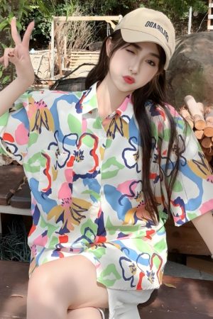 Summer Tie-Dye Floral Short Sleeve Shirt for Women, Retro Loose Beach Top, Trendy Versatile Style, Y2K Fashion