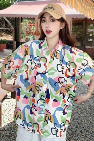 Summer Tie-Dye Floral Short Sleeve Shirt for Women, Retro Loose Beach Top, Trendy Versatile Style, Y2K Fashion