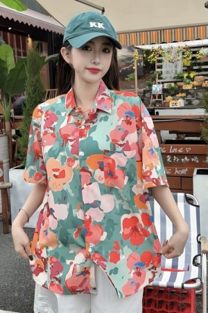 Summer Tie-Dye Floral Short Sleeve Shirt for Women, Retro Loose Beach Top, Trendy Versatile Style, Y2K Fashion