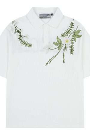 Summer Unisex Embroidered Plant Series Waffle Polo Shirt - Relaxed Fit, Short Sleeve, Trendy 90s Style