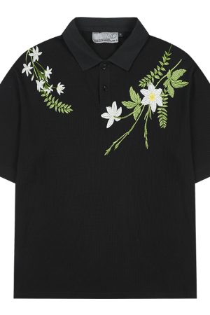 Summer Unisex Embroidered Plant Series Waffle Polo Shirt - Relaxed Fit, Short Sleeve, Trendy 90s Style