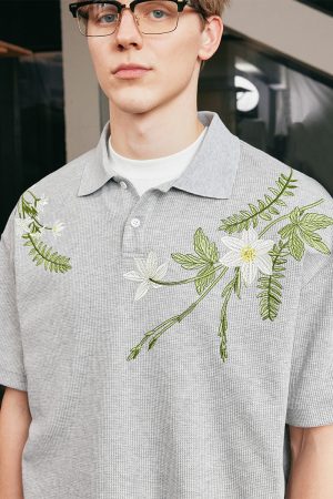 Summer Unisex Embroidered Plant Series Waffle Polo Shirt - Relaxed Fit, Short Sleeve, Trendy 90s Style