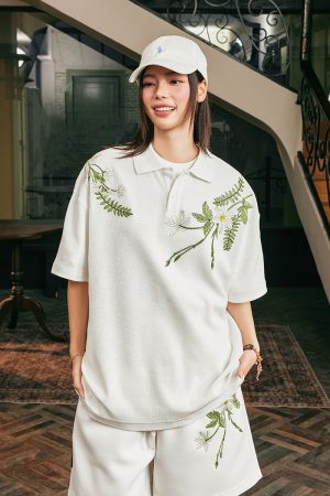 Summer Unisex Embroidered Plant Series Waffle Polo Shirt - Relaxed Fit, Short Sleeve, Trendy 90s Style