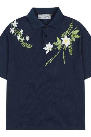 Summer Unisex Embroidered Plant Series Waffle Polo Shirt - Relaxed Fit, Short Sleeve, Trendy 90s Style