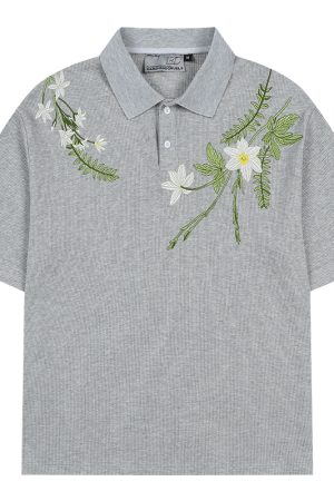 Summer Unisex Embroidered Plant Series Waffle Polo Shirt - Relaxed Fit, Short Sleeve, Trendy 90s Style