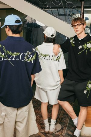 Summer Unisex Embroidered Plant Series Waffle Polo Shirt - Relaxed Fit, Short Sleeve, Trendy 90s Style