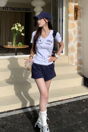 Summer V-Neck Embroidered Short Sleeve T-Shirt for Women - American Style Cool Girl Slim Fit Top, Versatile Fashion Essential