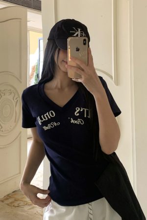 Summer V-Neck Embroidered Short Sleeve T-Shirt for Women - American Style Cool Girl Slim Fit Top, Versatile Fashion Essential