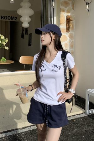 Summer V-Neck Embroidered Short Sleeve T-Shirt for Women - American Style Cool Girl Slim Fit Top, Versatile Fashion Essential