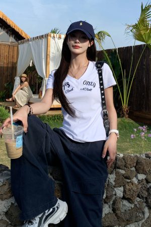 Summer V-Neck Embroidered Short Sleeve T-Shirt for Women - American Style Cool Girl Slim Fit Top, Versatile Fashion Essential