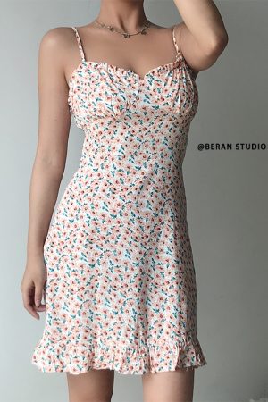 Summer Vintage Floral Spaghetti Strap Dress with Ruffled Hem - Elegant French Style for Effortless Y2K Fashion