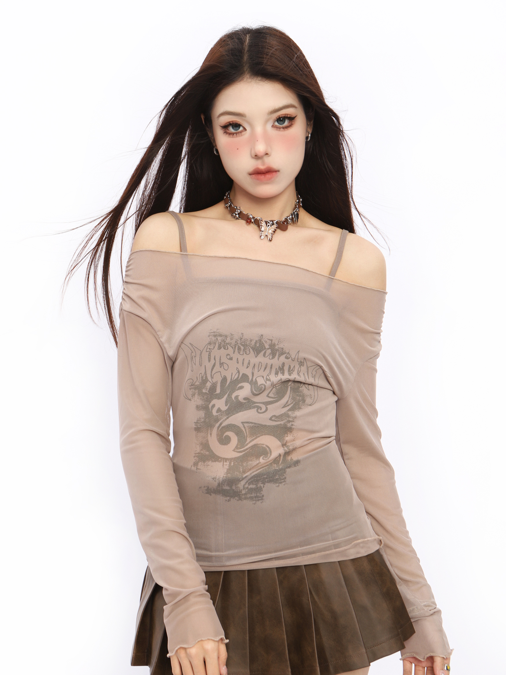 Summer Women's One-Shoulder Spaghetti Strap Mesh Two-Piece Outfit - American Style, Waist-Cinching, Slim Fit, Sun Protection Summer Women's One-Shoulder Spaghetti Strap Mesh Two-Piece Outfit - American Style, Waist-Cinching, Slim Fit, Sun Protection