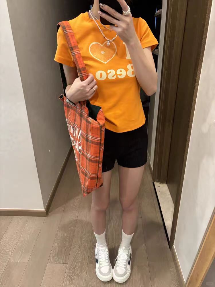 Summer Women's Slim Fit Short Sleeve T-Shirt with Shoulder Love Fruit Letter Print - Versatile Y2K Style Top Summer Women's Slim Fit Short Sleeve T-Shirt with Shoulder Love Fruit Letter Print - Versatile Y2K Style Top