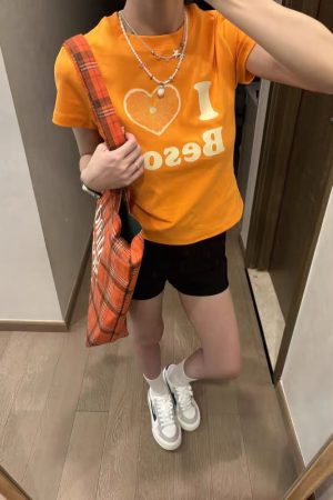 Summer Women's Slim Fit Short Sleeve T-Shirt with Shoulder Love Fruit Letter Print - Versatile Y2K Style Top