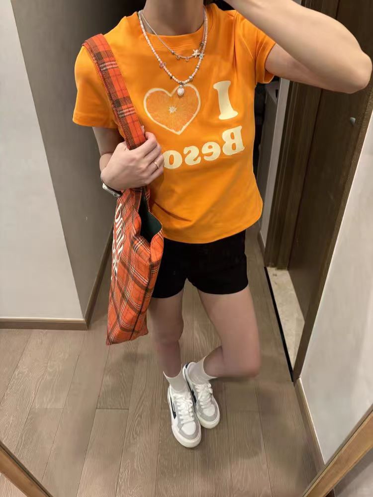 Summer Women's Slim Fit Short Sleeve T-Shirt with Shoulder Love Fruit Letter Print - Versatile Y2K Style Top Summer Women's Slim Fit Short Sleeve T-Shirt with Shoulder Love Fruit Letter Print - Versatile Y2K Style Top