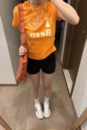 Summer Women's Slim Fit Short Sleeve T-Shirt with Shoulder Love Fruit Letter Print - Versatile Y2K Style Top