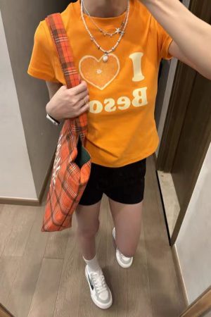 Summer Women's Slim Fit Short Sleeve T-Shirt with Shoulder Love Fruit Letter Print - Versatile Y2K Style Top