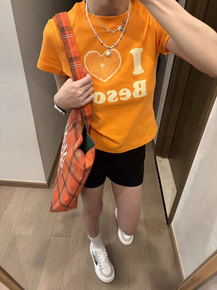 Summer Women's Slim Fit Short Sleeve T-Shirt with Shoulder Love Fruit Letter Print - Versatile Y2K Style Top Summer Women's Slim Fit Short Sleeve T-Shirt with Shoulder Love Fruit Letter Print - Versatile Y2K Style Top