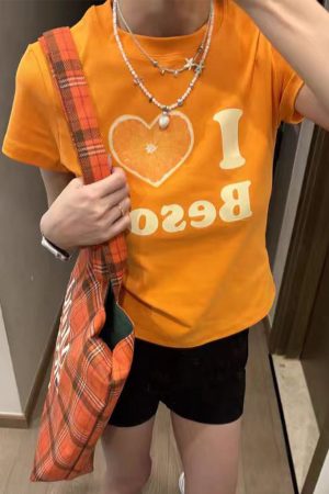 Summer Women's Slim Fit Short Sleeve T-Shirt with Shoulder Love Fruit Letter Print - Versatile Y2K Style Top