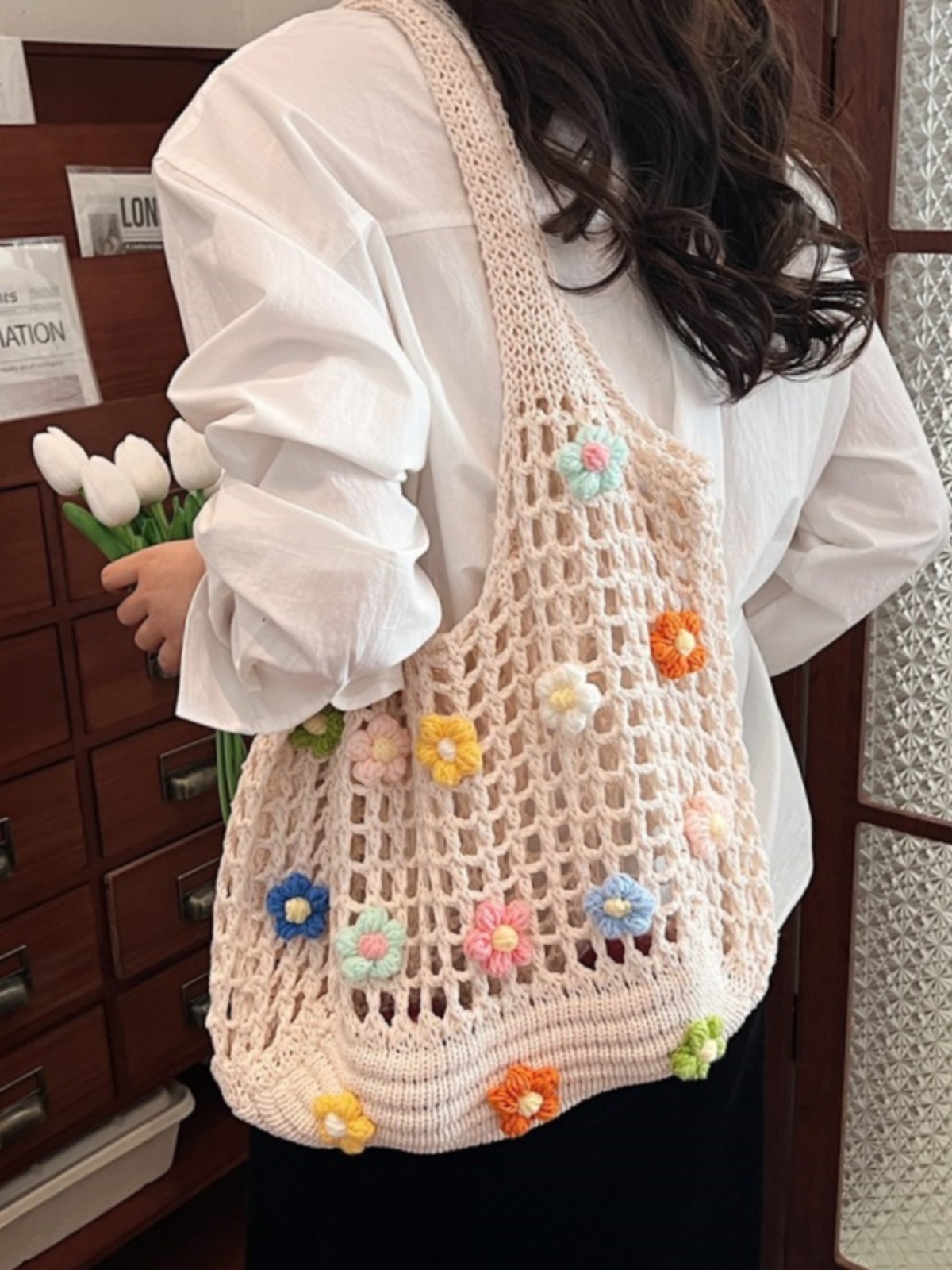 Summer Woven Hollow Underarm Bag for Women - 2025 Yarn Flower Knitted Large Capacity Shoulder Tote Summer Woven Hollow Underarm Bag for Women - 2025 Yarn Flower Knitted Large Capacity Shoulder Tote