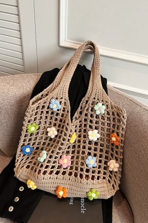Summer Woven Hollow Underarm Bag for Women - 2025 Yarn Flower Knitted Large Capacity Shoulder Tote