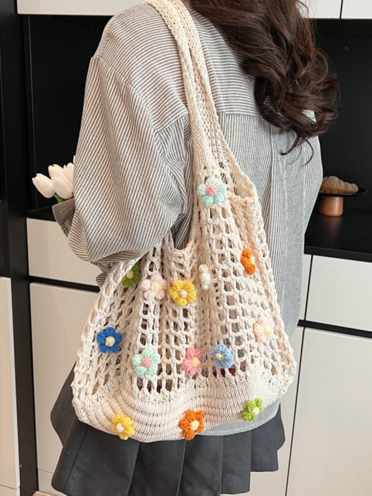 Summer Woven Hollow Underarm Bag for Women - 2025 Yarn Flower Knitted Large Capacity Shoulder Tote Summer Woven Hollow Underarm Bag for Women - 2025 Yarn Flower Knitted Large Capacity Shoulder Tote