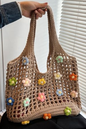 Summer Woven Hollow Underarm Bag for Women - 2025 Yarn Flower Knitted Large Capacity Shoulder Tote