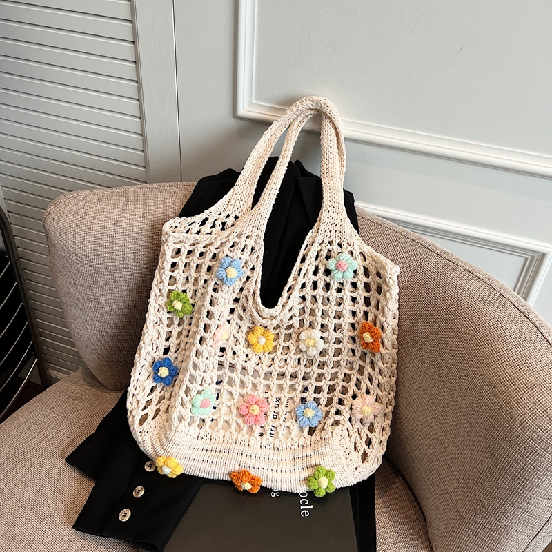 Summer Woven Hollow Underarm Bag for Women - 2025 Yarn Flower Knitted Large Capacity Shoulder Tote Summer Woven Hollow Underarm Bag for Women - 2025 Yarn Flower Knitted Large Capacity Shoulder Tote