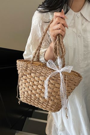 Summer Woven Straw Beach Bag for Women - 2025 Vacation Shoulder Tote, Island Style Vegetable Basket Bag