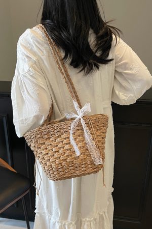Summer Woven Straw Beach Bag for Women - 2025 Vacation Shoulder Tote, Island Style Vegetable Basket Bag