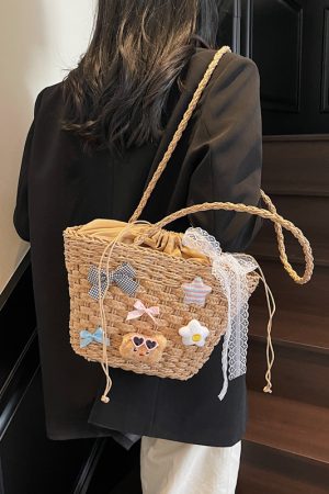 Summer Woven Straw Beach Bag for Women - 2025 Vacation Shoulder Tote, Island Style Vegetable Basket Bag