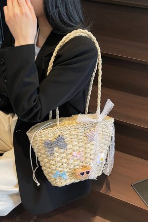 Summer Woven Straw Beach Bag for Women - 2025 Vacation Shoulder Tote, Island Style Vegetable Basket Bag